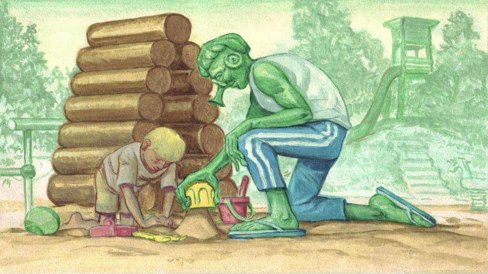 Illustration of a man kneeling in the sandbox and playing with a boy.