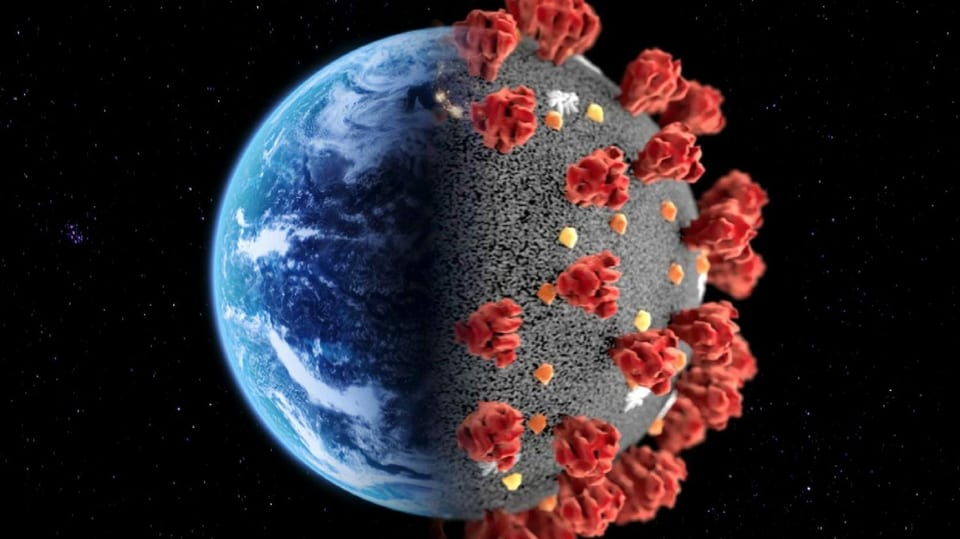 Erdkugel halb Erde halb Coronavirus