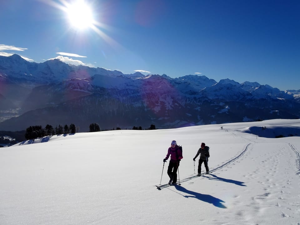 Zwei Wanderer auf einer Skitour am Burgfeldstand bei Pulverschnee. Es scheint die Sonne.