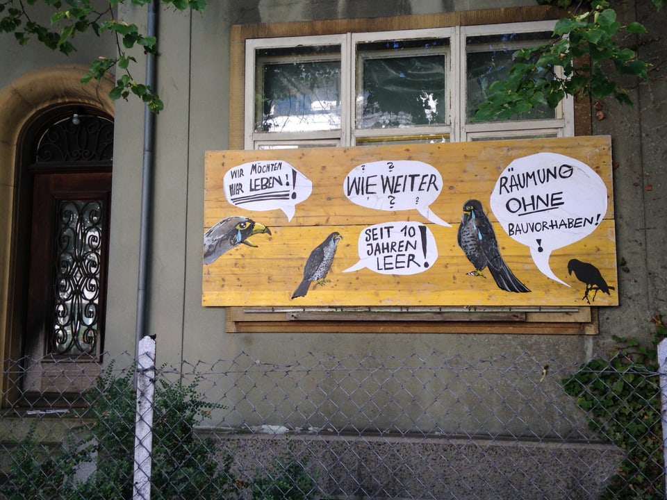 Ein verbarrikadiertes Fenster mit aufgeklebten Vogel und Sprechblasen. Die Vögel protestieren dagegen das Haus leer stehen zu lassen. 