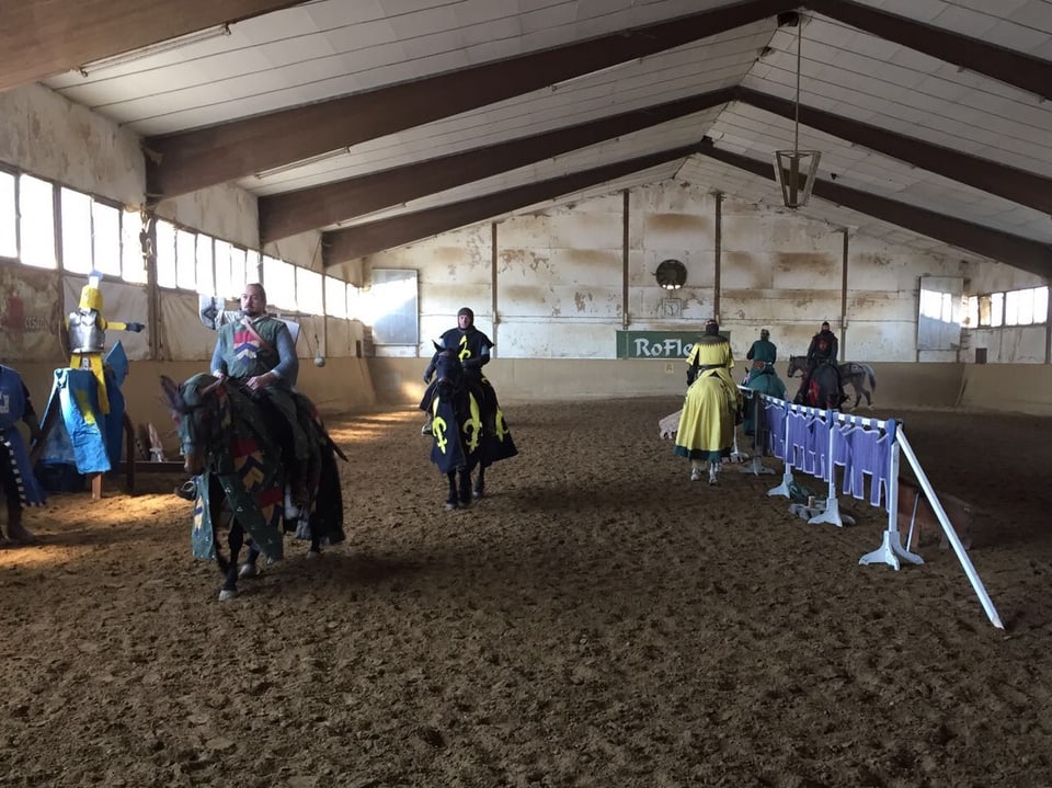 Halle, mehrere Reiter mit mittelalterlichen Kostümen drehen auf Pferden ihre Runden