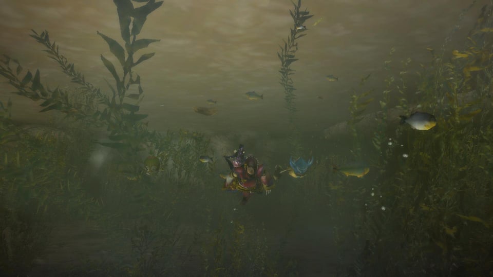 Unter Wasser taucht eine Jägerin mit Harpune.