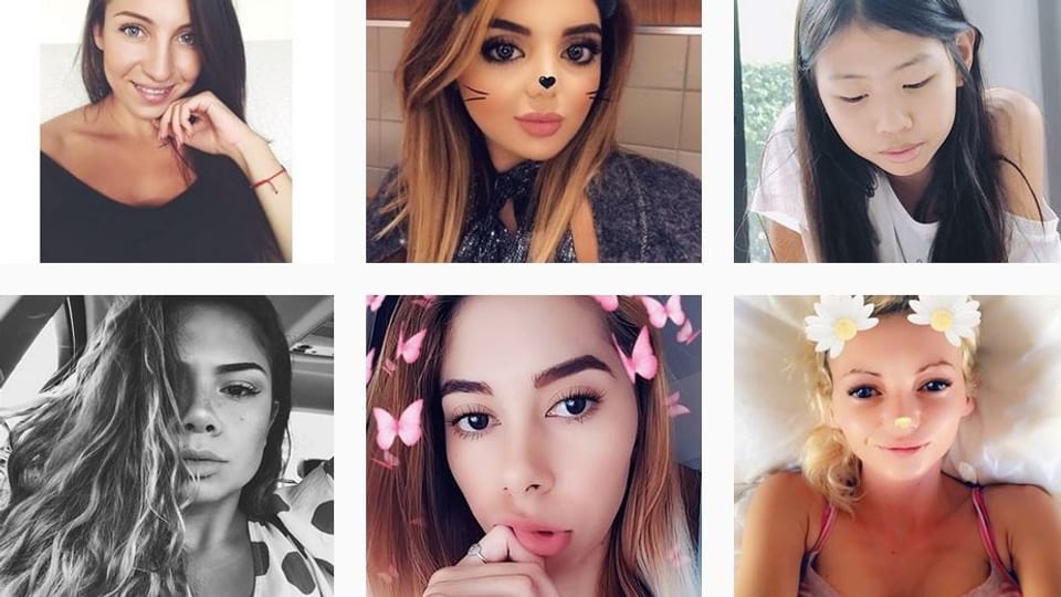 Sechs Bilder von Frauen, die ihre Gesichter mit FIlter bearbeitet haben.