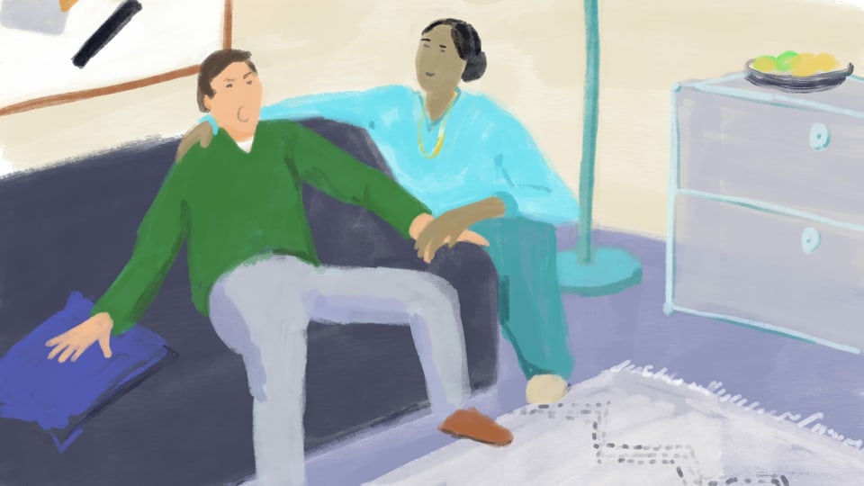 Illustration von einem Mann, der auf einem Sofa sitzt und von einer Frau neben ihm gehalten wird.