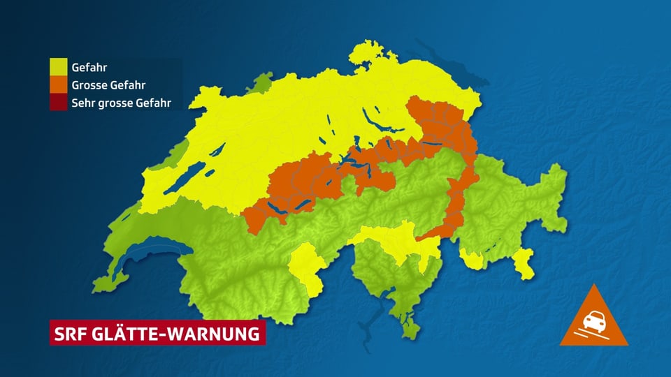 Schweizerkarte mit Regionen mit Glättewarnung