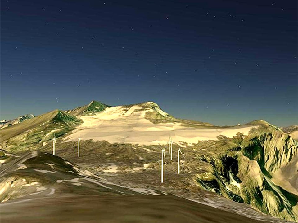 Visualisierung: Sechs Windräder, im Hintergrund ein Berg