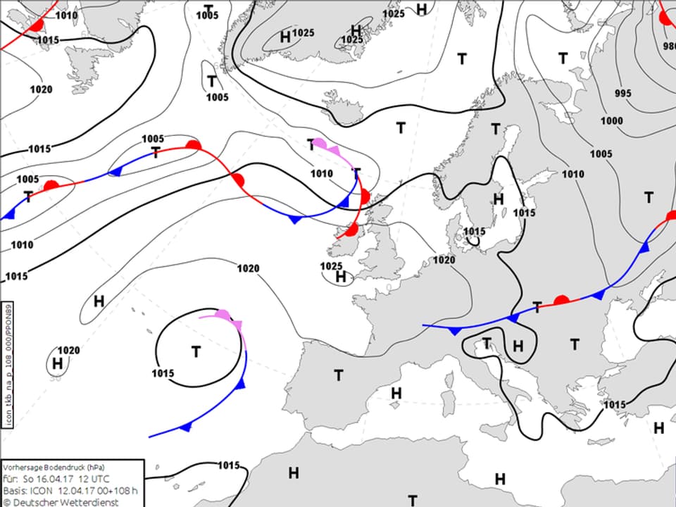 Wetterkarte von Europa mit den Hochs und Tiefs sowie Warm- und Kaltfronten.