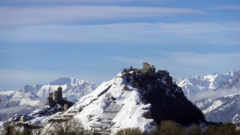 Die beiden Bauten, im Hintergrund Schneeberge