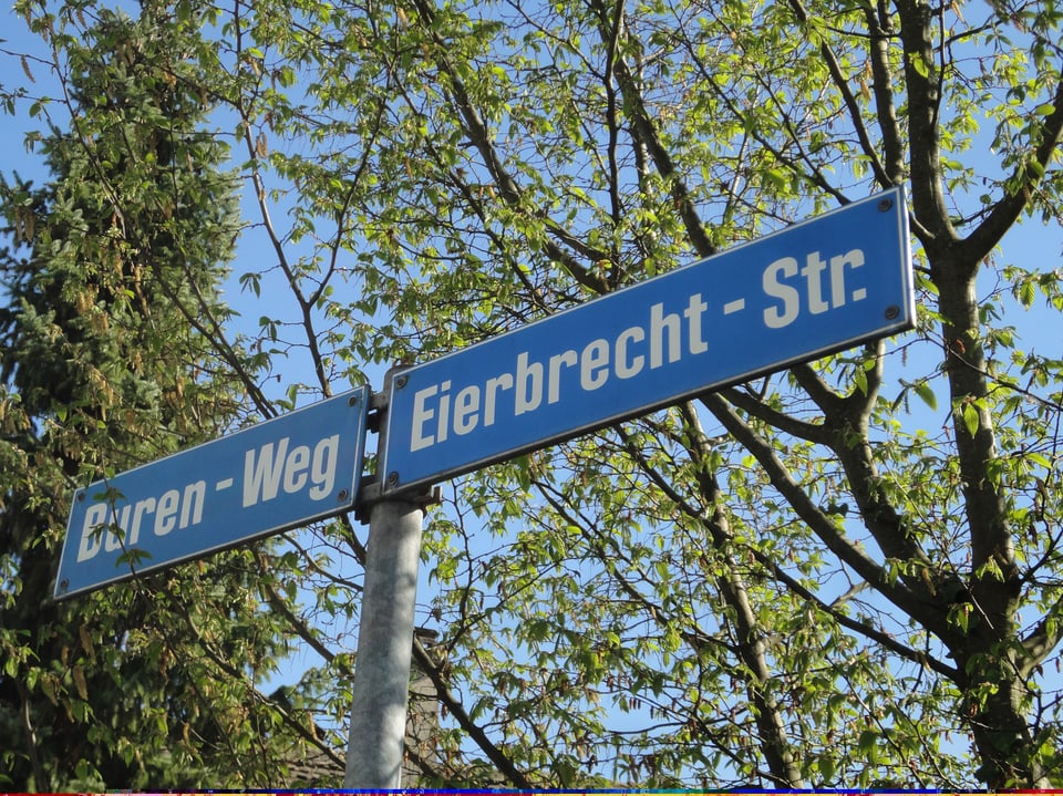 Auf zwei Strassenschildern stehen die Namen «Eierbrecht-Str.» und «Buren-Weg».