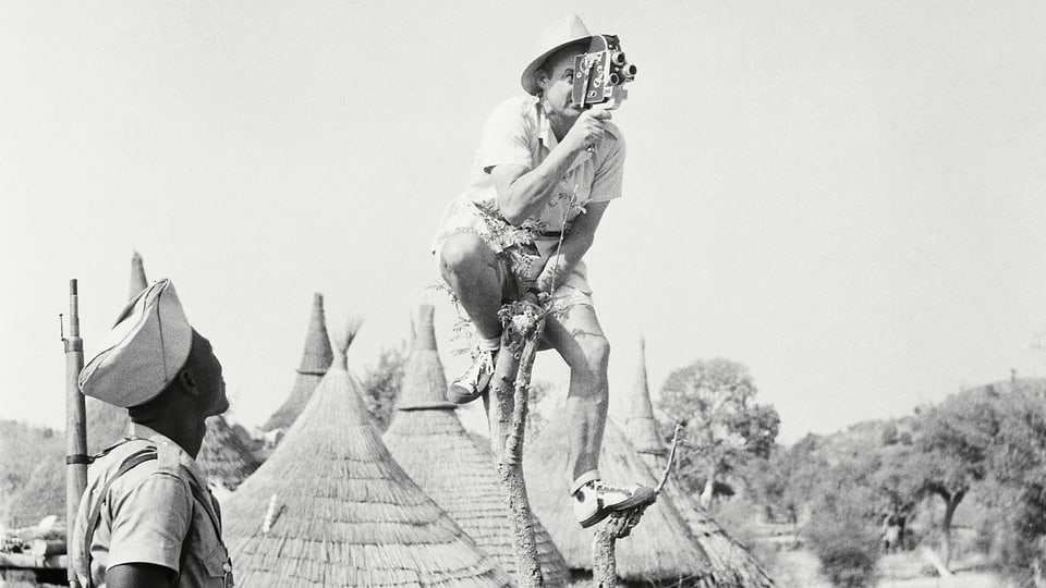 Ein Kameramann sitzt in Afrika auf einem dünnen Bäumchen, um von oben filmen zu können.