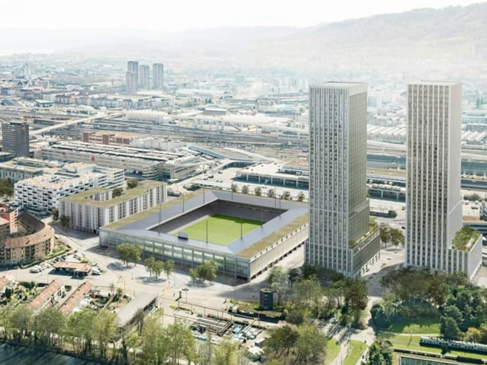 So soll das Areal Hardturm samt Stadion dereinst aussehen. Mit den beiden Wohntürmen soll Stadion querfinanziert werden.