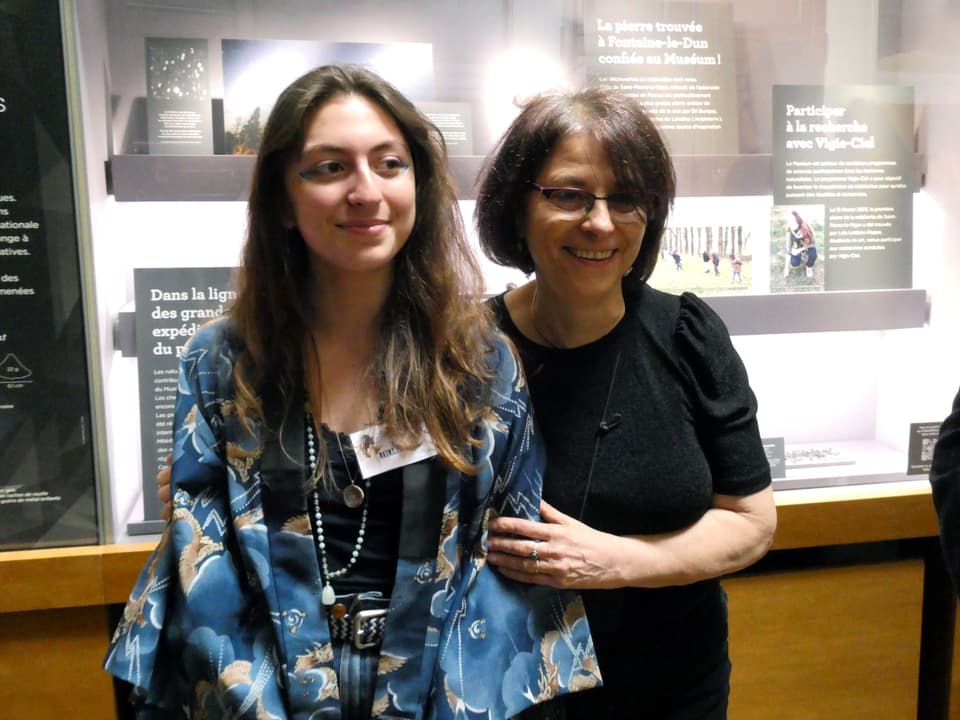 Astrophysicist Brigitte Zanda with the finder, Lois Leblanc in the Natural History Museum of Paris.