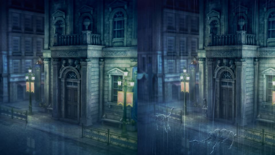 Spielszene aus «Rain», einmal ohne Regen und ohne sichtbare Gegner, einmal mit Regen und den Umrissen von Monstern.