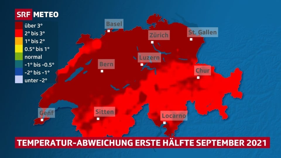 Karte der Schweiz die zeigt, dass der September warm war