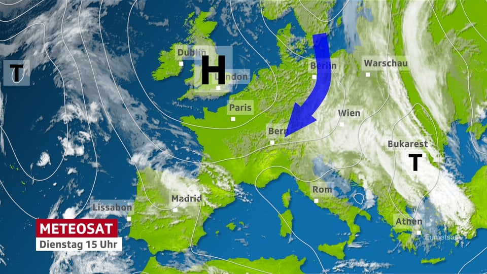 Luftdruckverteilung in Europa zeigt Hoch über Grossbritanien, Richtung Alpen ist die Bisenströmung eingezeichnet.
