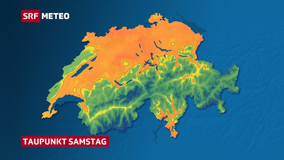 Karte der Schweiz mit farbig eingezeichnetem Taupunkt vom Samstag. Orange Fläche zeigen einen Taupunkt über der Schwüle-Grenze.