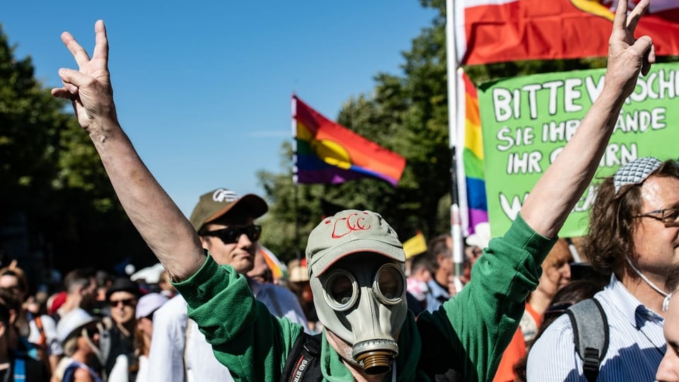 Demonstrationszug. Im Fordergrund eine Person mit Gasmaske und Mütze. Dahinter eine Regenbogenfahne.