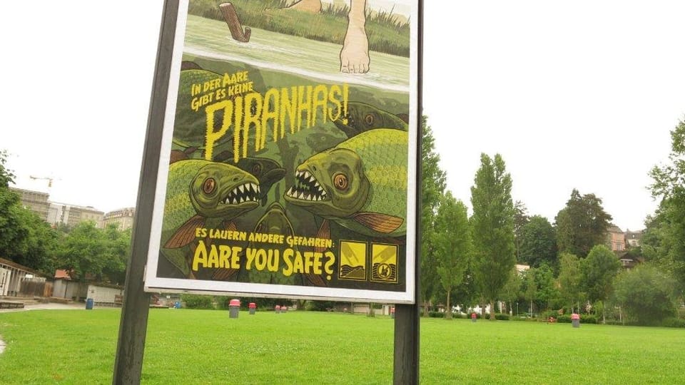 Ein Plakat mit Piranhas.