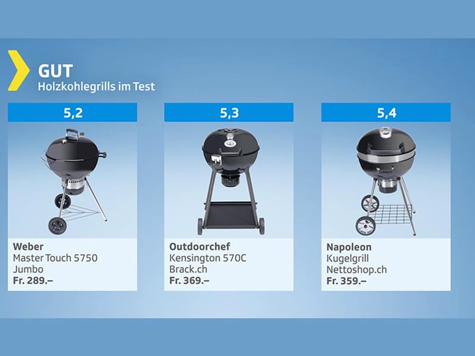 Testgrafik Holkohlegrills, die drei besten (Urteil gut)