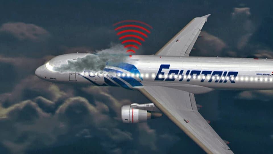 Animation eines Flugzeugs mit Rauch und Sendesignalen.