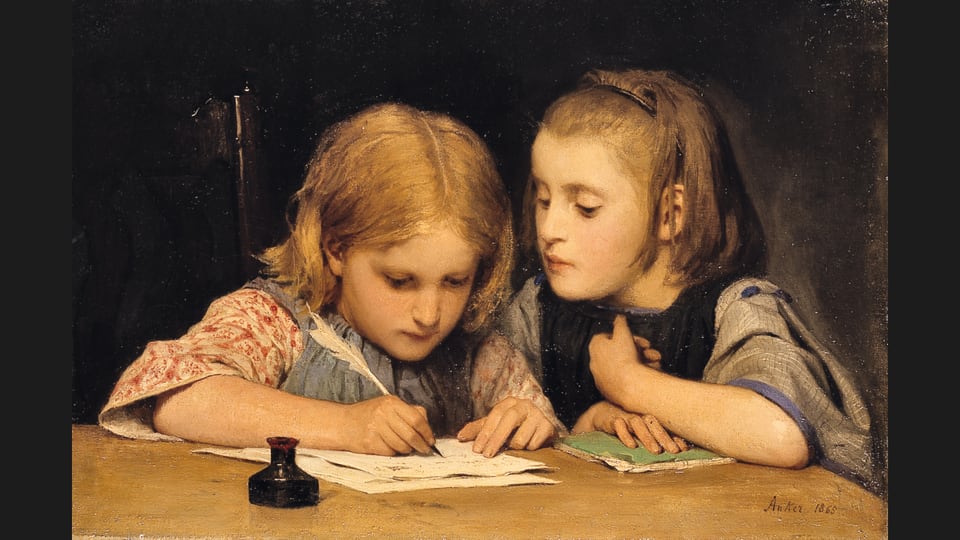 Ein Gemälde von Albert Anker, das die Schreibstunde zweier Mädchen zeigt. 