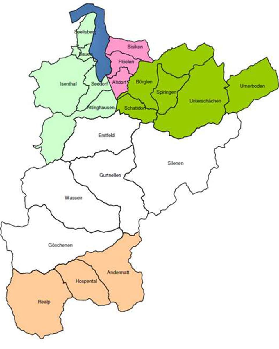 Karte vom Kanton Uri mit den Gemeinden