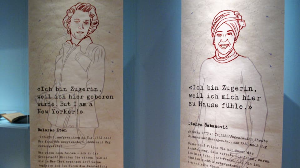 Zwei helle Plakate mit Zeichnungen von Frauen und einem Text.
