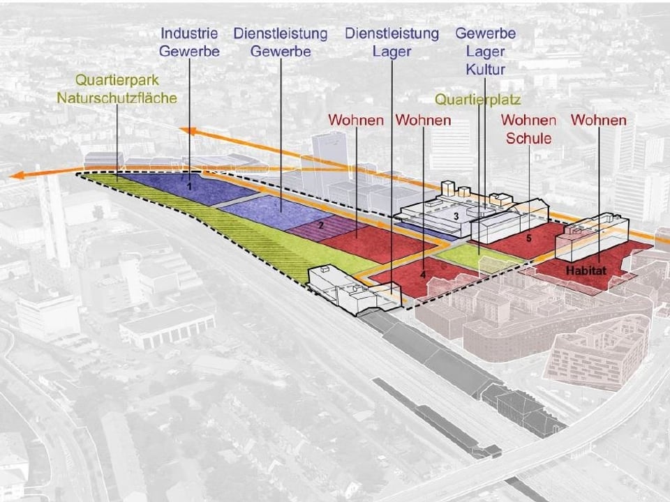 Plan Volta NOrd, wo man genau sehen kann, wo das Gewerbe und wo Wohnbauten samt Schulhaus und Grünflächen entstehen sollen.