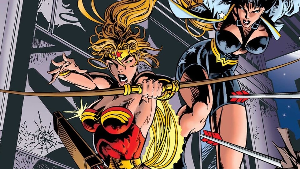 Comic, links eine blonde Frau in trägerlosem Top mit Pfeil und Bogen, rechts eine Frau im knappen schwarzen Outfit