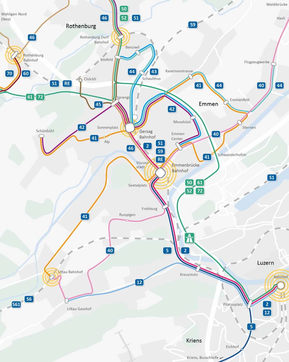 Eine Karte, welche die wichtigsten Busverbindungen in der Agglomeration Luzern zeigt.