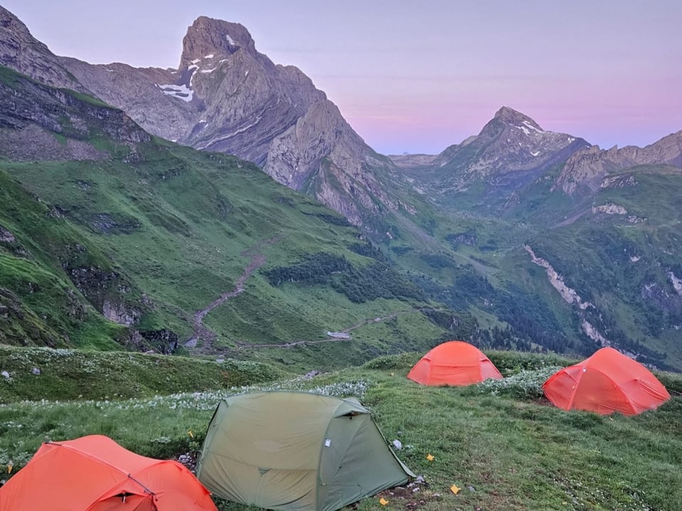 Orange Zelte und ein grünes in Berglandschaft.