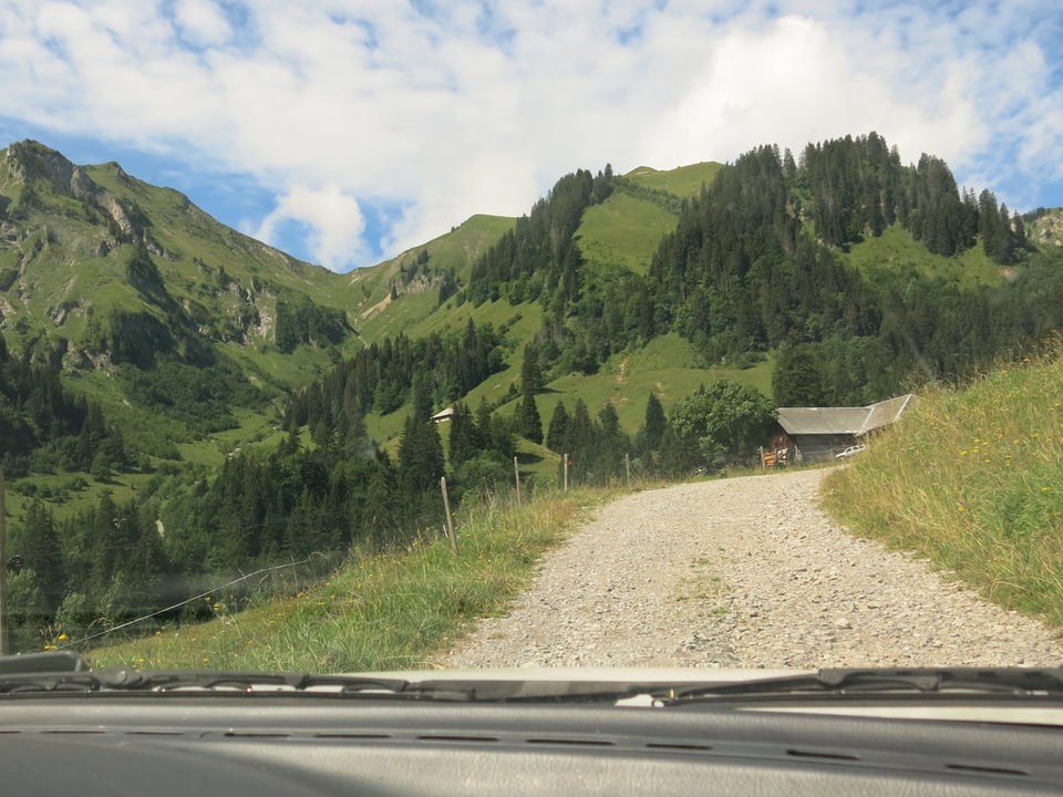 Blick auf den Weg und Alplandschaft durch die Frontscheibe des Autos fotografiert.