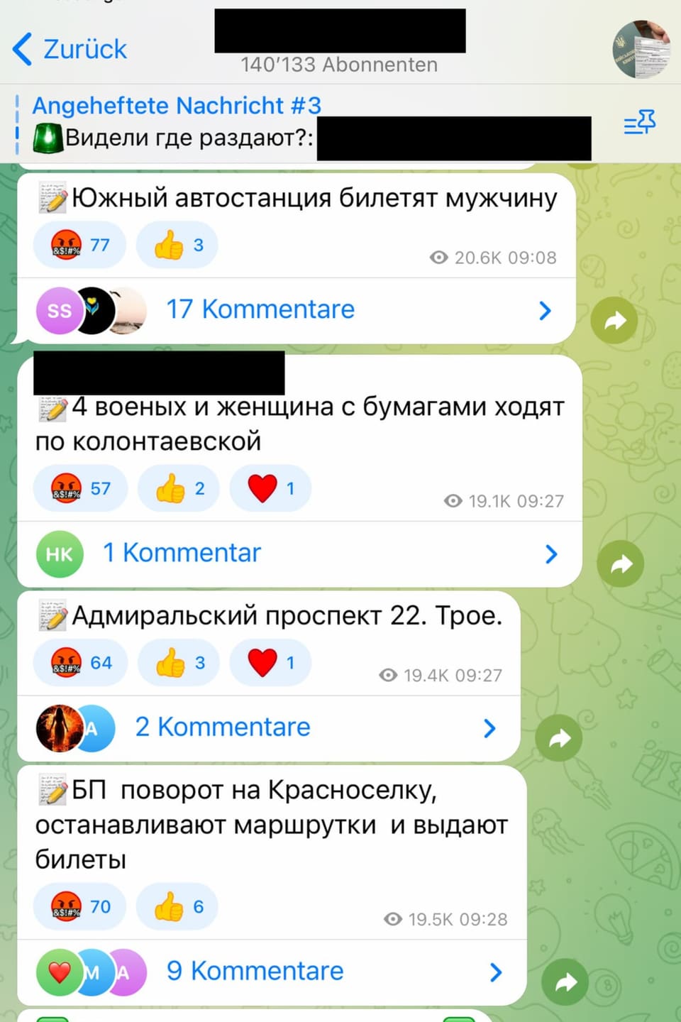 Ukrainer tauschen sich in einem Chat über den Aufenthaltsort von Mobilisierungstrupps aus (Screenshot).