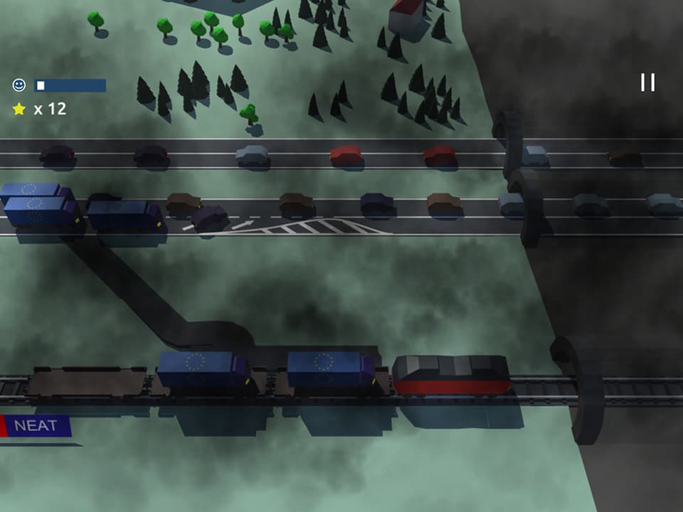 Spielgrafik: Smogbelastete Landschaft mit zwei Autobahnspuren und einer Zuglinie.
