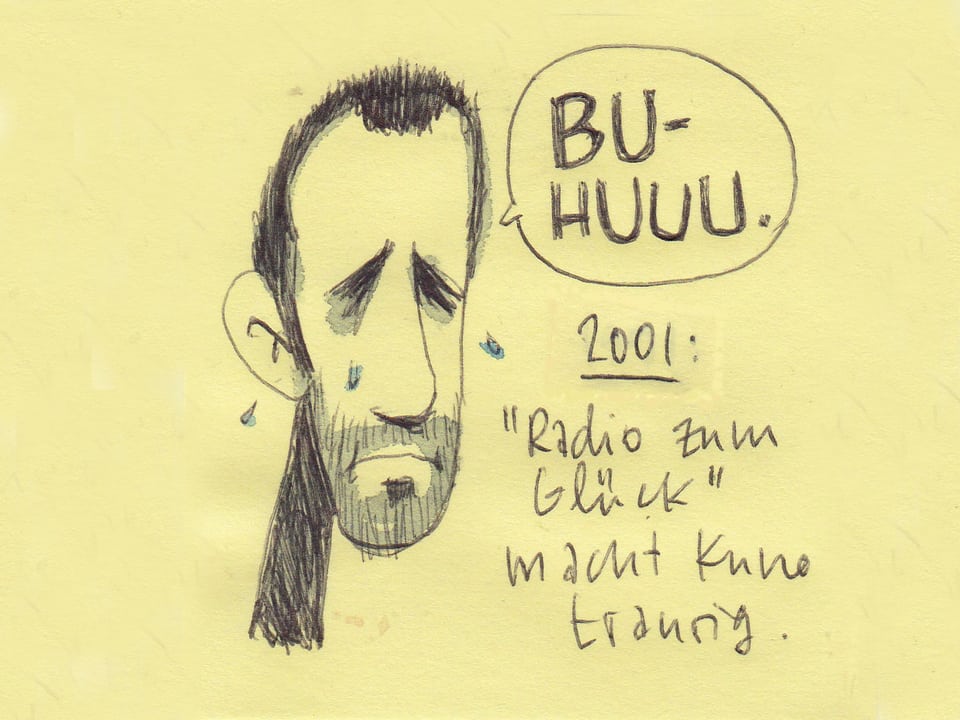 Zu sehen ist ein gezeichneter Züri West Sänger Kuno Lauener mit Dreitagebart. Er verdrückt ein Tränchen. In der Sprechblase ist zu lesen: BU-HUUU.