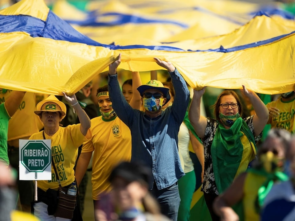 Demonstranten mit brasilianischen Flaggen.