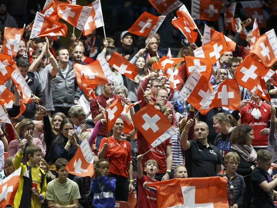 Schweizer Fans jubeln mit Schweizer Fahnen
