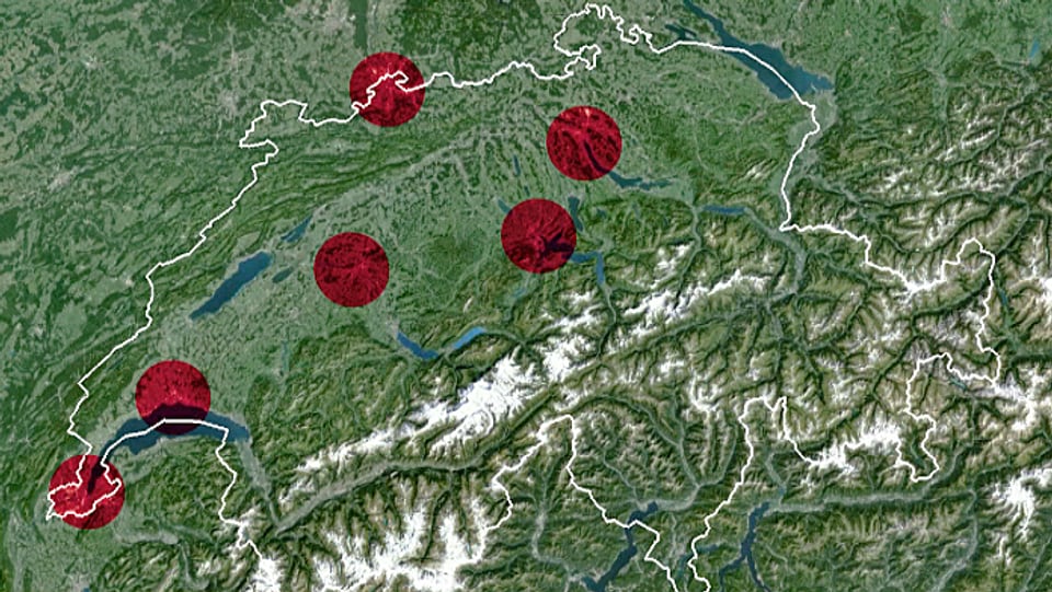 Schweizerkarte mit sechs Kreisflächen von 600 km2 in den Grossagglomerationen.
