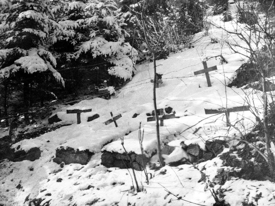 Gräber und Holzkreuze auf einer verschneiten Wiese.