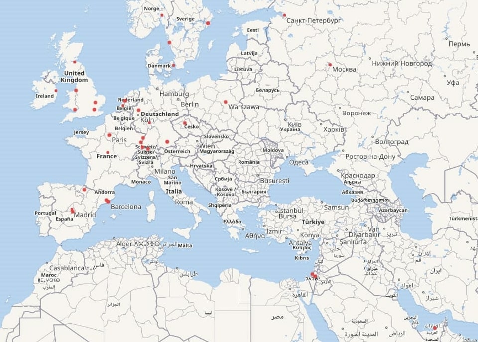 Europakarte mit Punkten, die für ein Museum mit Werken Picassos stehen.