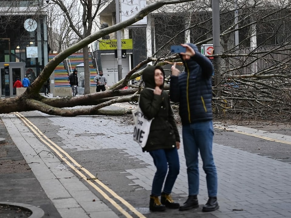 Zwei Menschen machen ein Selfie vor einem umgeknickten Baum