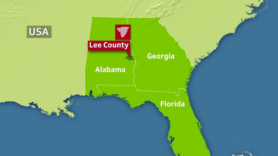 Karte mit Alabama, Georgia und Florida und spezieller Markierung des Lee County.