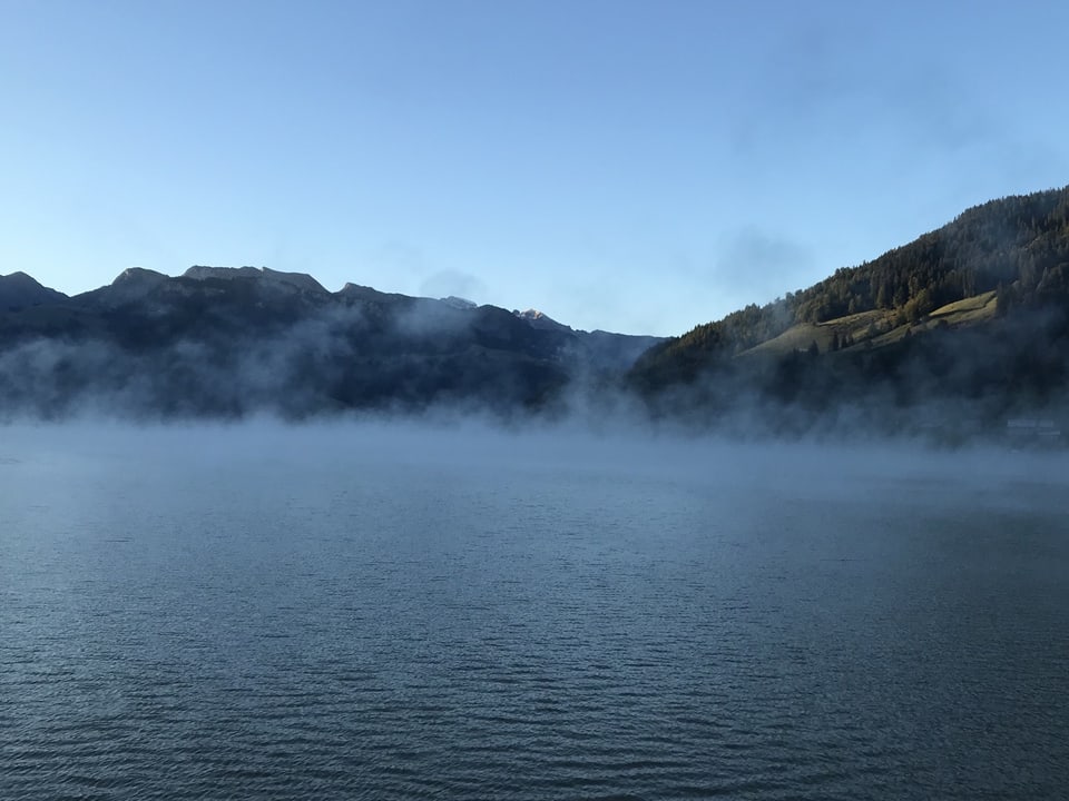Nebelschwaden über einem See.