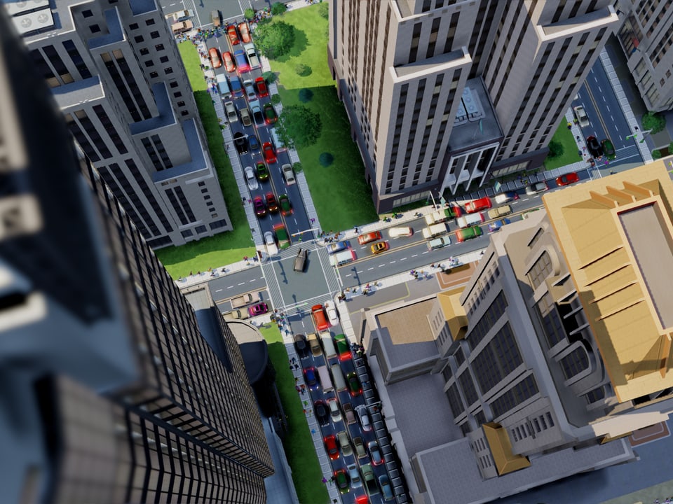 Ein Screenshot des Games «SimCity» zeigt mit Blick von oben Hochhausschluchten und Autos in den Strassen.