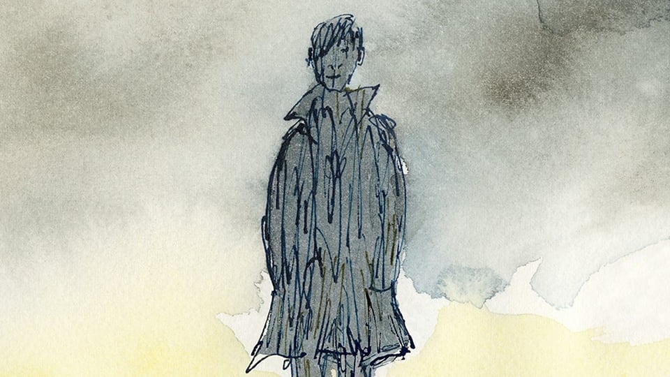bleistiftskizze eines jungen mannes im regenmantel