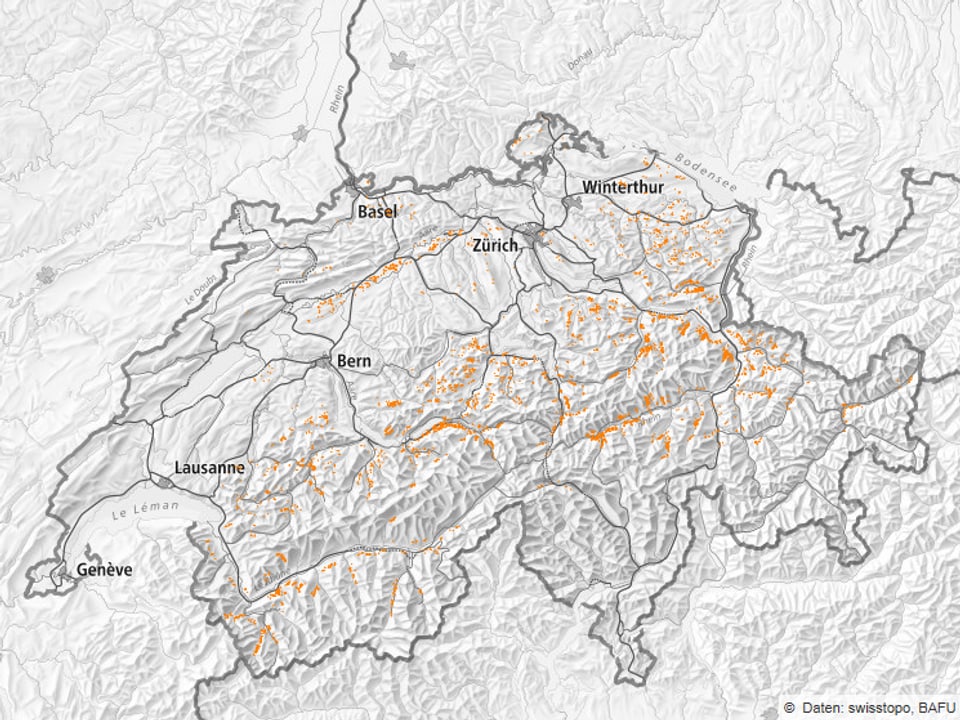 Karte mit Sturmschäde an den Voralpen vor allem an den Alpen und Voralpen.