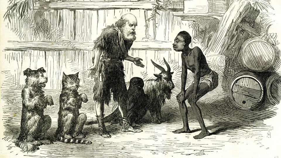Eine Illustration: Robinson Crusoe mit einem Einheimischen.