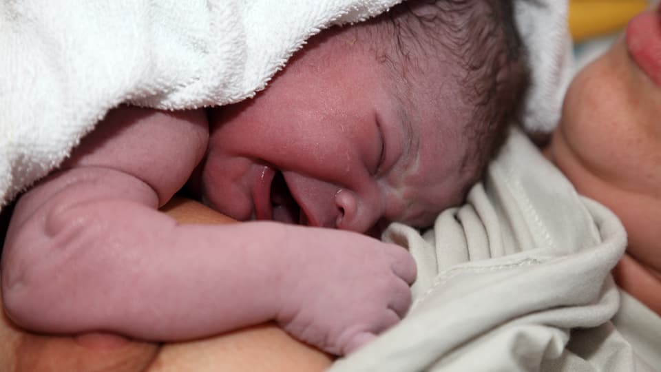 Ein Neugeborenes liegt im weissen Handtuch eingewickelt auf der Brust der Mutter.