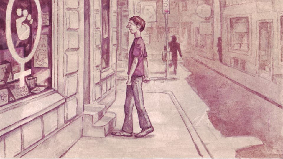Illustration of a man standing in front of a bookstore.  A sign on the door points to a feminist shop. 