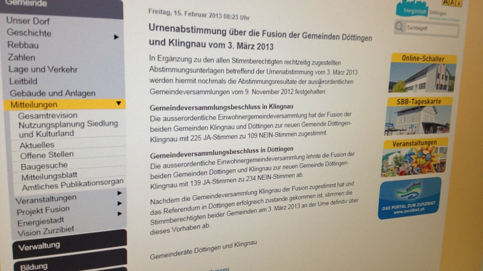 Blick auf die Website der Gemeinde Döttingen.